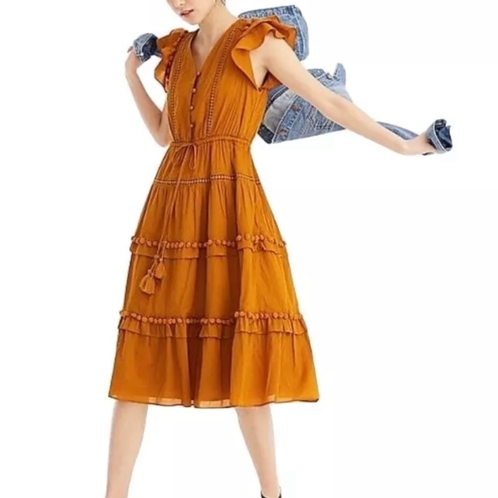 Yellow Tiered Ruffled Midi Dress with Flutter Sleeves size 0
